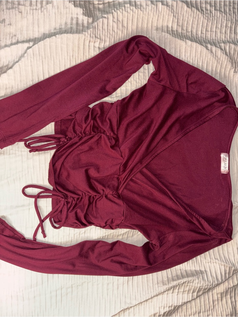Women’s Long-Sleeve Ruched Crop Top - Deep Berry